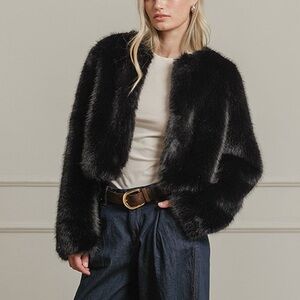 Minimalist Quiet Luxury Black Collarless Short Faux Fox Fur Jacket Coat